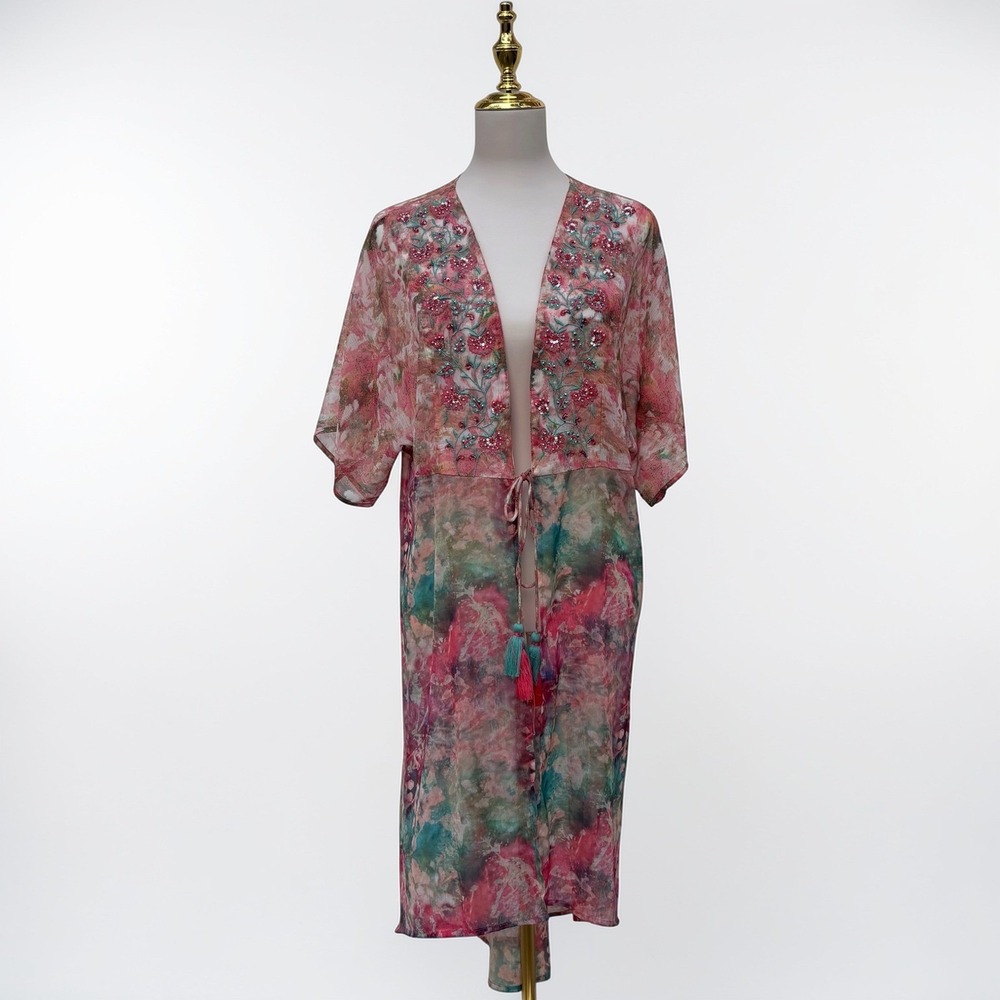 Soft Surroundings Kimono Duster L Pink Floral Embroidered Sequin Watercolor Bead